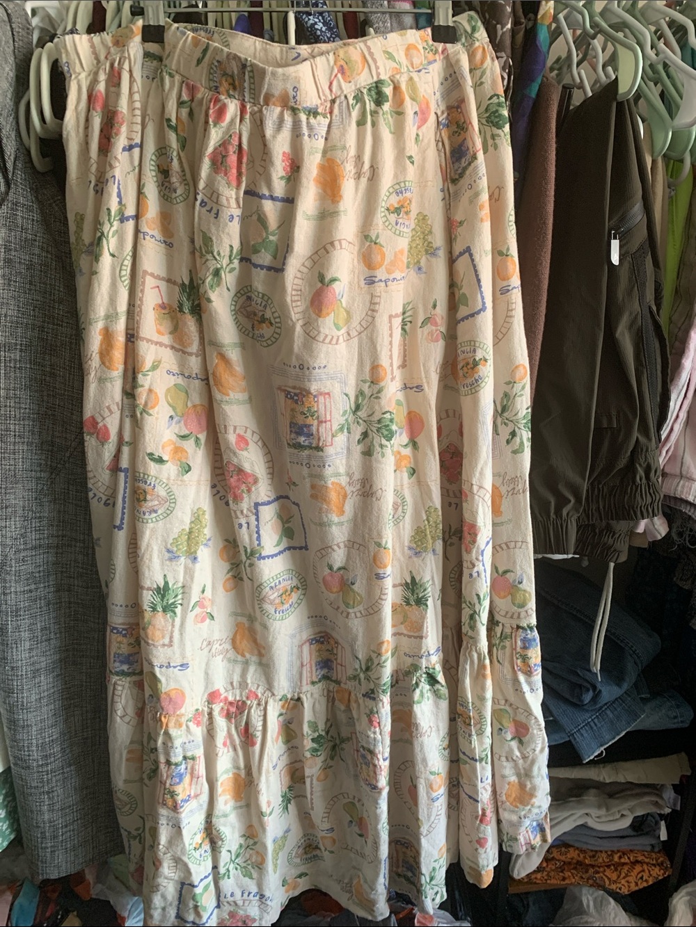 Abercrombie Linen Blend Tiered Maxi Fruit Skirt XL Cottagecore Summer Italy
